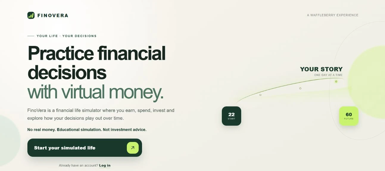 FinoVera homepage: practice financial decisions with virtual money, with a life timeline from age 22 to 60