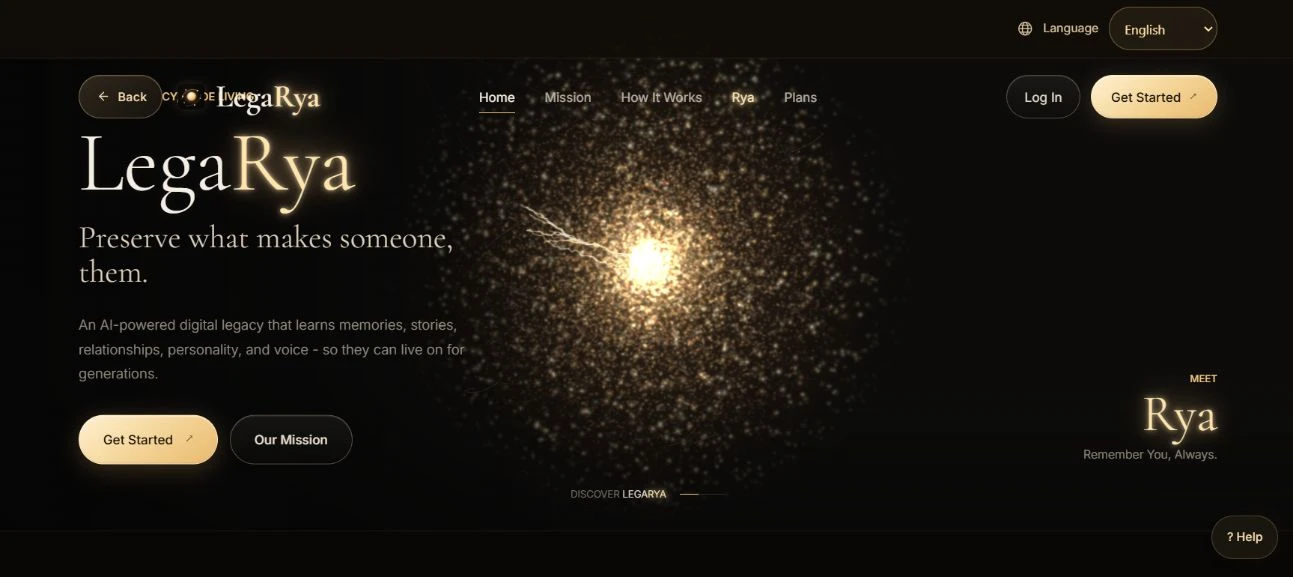 LegaRya homepage: preserve what makes someone them, with Rya’s golden living memory visualization